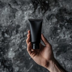 Close-up of a Hand with Charcoal Face Wash Tube for Skincare Promotion