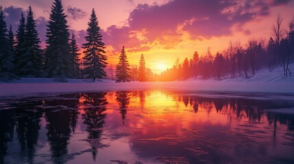 A vibrant winter sunset reflecting off a frozen lake, surrounded by silhouettes of trees.