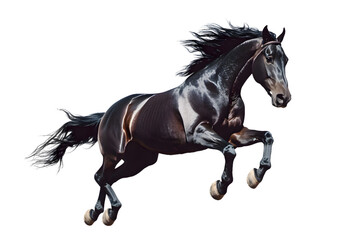 Black horse running gallop isolated on transparent background