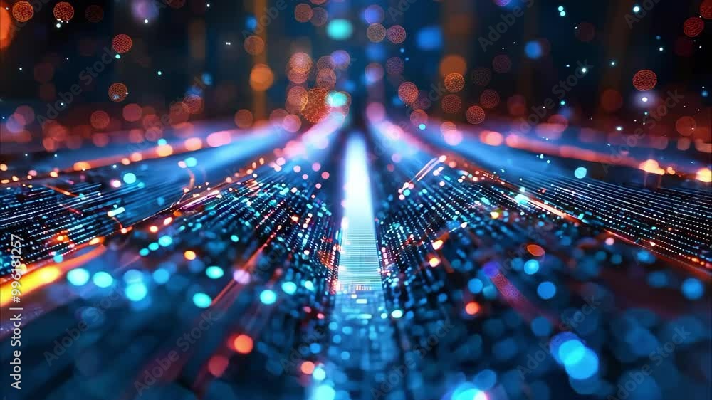 Aufkleber a vibrant digital landscape with glowing lines and bokeh effects, representing data flow or technolo