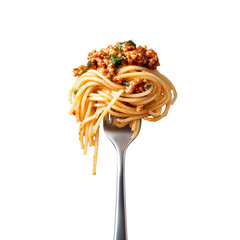 Spaghetti with sauce bolognese hanging on a fork isolated on transparent or white background 