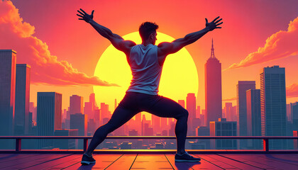 Comic Book Style Illustration of Person in Warrior Pose on City Rooftop at Sunset
