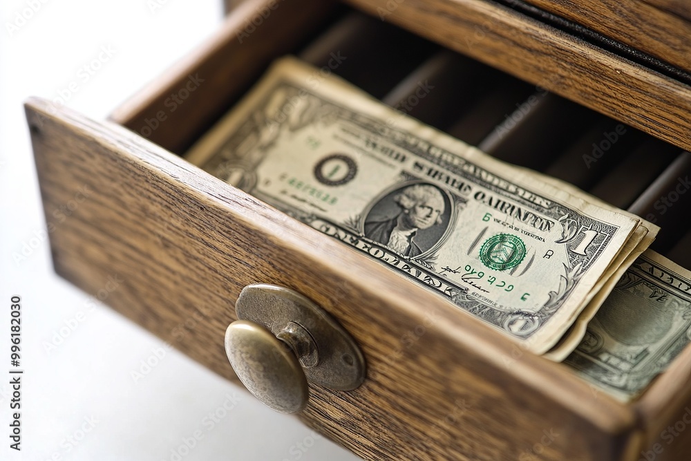 Aufkleber Cash register drawer open with visible currency on solid white background, single object