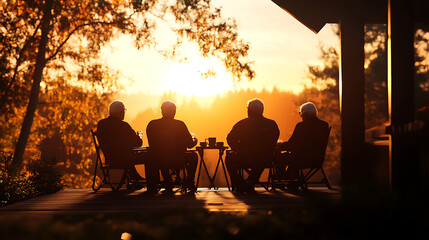 A group of LGBTQ elders sitting on a porch, enjoying coffee and discussing memories from their past