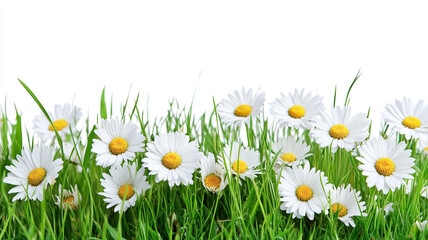 Beautiful spring meadow with white daisies on green grass, isolated on a white background