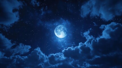 mesmerizing moonlit night sky luminous full moon peeking through wispy clouds casting an ethereal glow twinkling stars scattered across a deep indigo backdrop