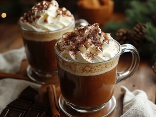 Irish coffee with whipped cream and chocolate shavings, served in a clear mug with a hint of cinnamon