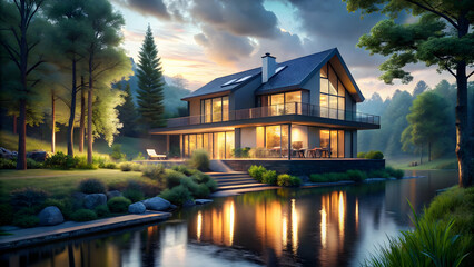 Obraz premium House by river with cinematic lighting in hyperrealistic style surrounded by nature, house, river, greenery