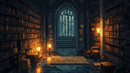 A Dimly Lit Hallway with Bookshelves and a Window