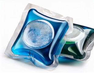 Capsules with detergent for washing machine isolated on white background. Laundry pods, liquid