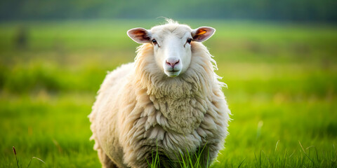 Obraz premium Portrait of a fluffy white sheep standing in a green grass field, sheep, fluffy, white, portrait, animal, farm