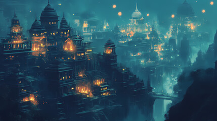 Obraz premium Generative AI, Sleeping City Illuminated by Floating Glowing Orbs