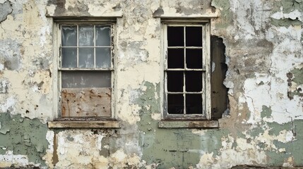 Two Windows in a Weathered Wall with Peeling Paint