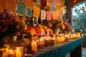 A vibrant altar adorned with candles and flowers, celebrating a festive occasion in a colorful, cultural setting