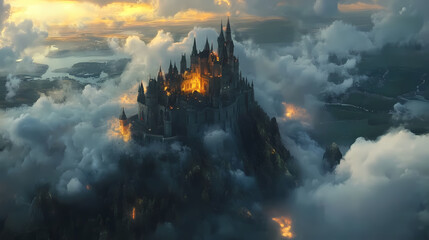 Generative AI, Ethereal Cloud Castle Floating Over Rolling Hills and Glowing Lakes