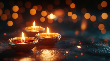 Candles, flames, glowing, dark background, bokeh, sparkle, light.