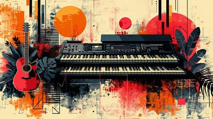 Obraz premium Contemporary art collage. Musical instruments on light background with abstract design elements. Concept of music lifestyle, creativity, inspiration, imagination