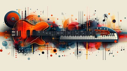Contemporary art collage. Musical instruments on light background with abstract design elements. Concept of music lifestyle, creativity, inspiration, imagination
