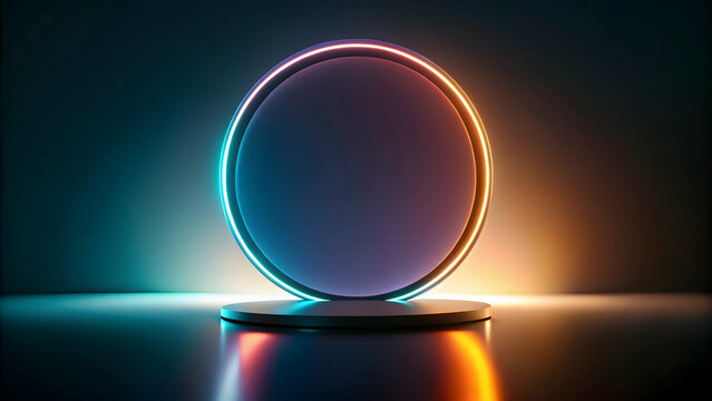 Dark glowing circular object on gradient backdrop with reflective floor, Dark, circular, object, glow, gradient, backdrop