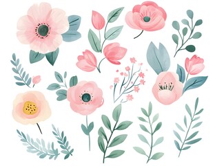 Watercolor flower clipart collection, simple flat design, white background, pastel colors, watercolor 
