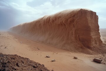 This striking image captures a gigantic sandstorm rolling over expansive open desert plains, illustrating the formidable and unstoppable force of nature in its rawest form.