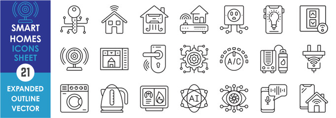 A set of line icons related to Smart Homes. Smart, homes, wi-fi, digital, door, security, remote, plug, air conditioner, planning, and so on. Vector outline icons set.