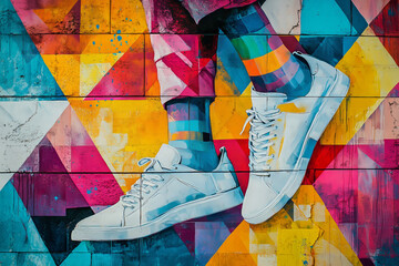 Fototapeta premium A bold mural capturing the energy of sporty footwear against a vibrant backdrop in an urban setting
