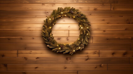 Christmas wreath hanging on a brown wooden wall
