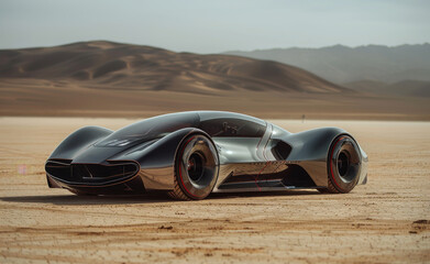 A sleek, futuristic two-wheeled car parked on sandy desert terrain under a clear sky