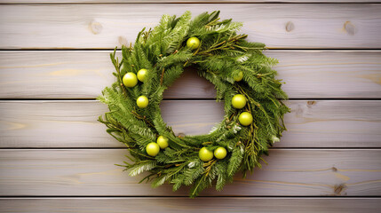 Christmas wreath hanging on a lime wooden wall