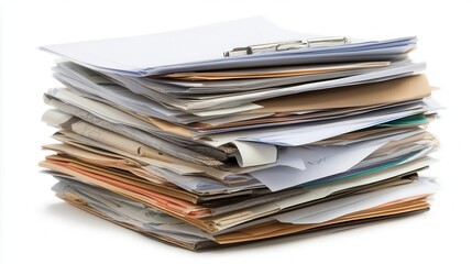 meticulously organized stack of business documents and papers isolated on a crisp white background clean lines and sharp shadows emphasize professionalism and order