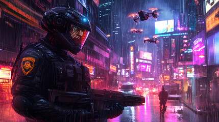 Generative AI, Cyber Armor Patrol: Futuristic Officer on Neon Streets