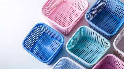 Colorful Plastic Storage Baskets on White Background