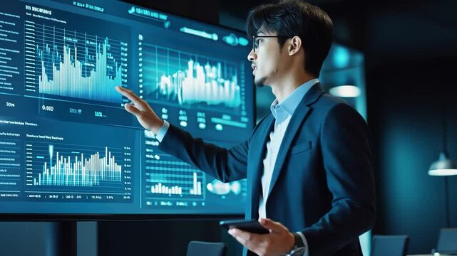 A young Asian professional leading a client presentation, using digital tools to showcase data in a bright, modern boardroom.