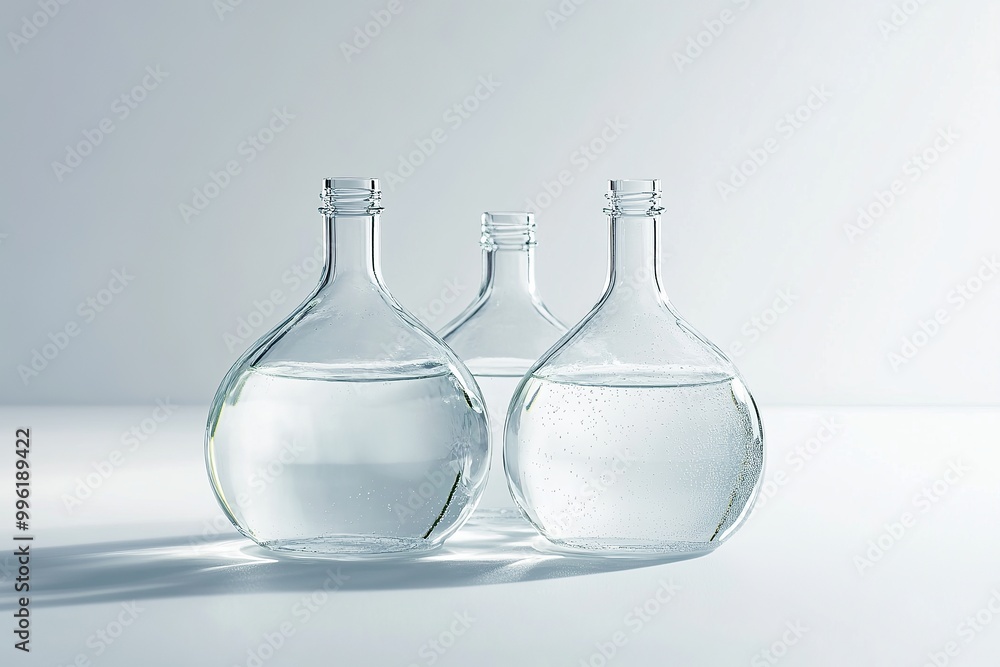 Poster water liquid in transparent containers on solid white background, single object