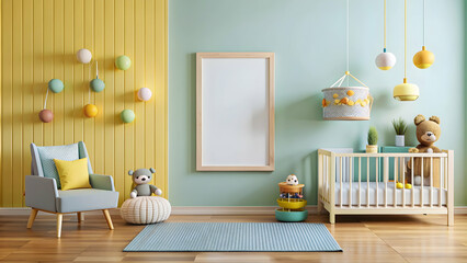 Mock up frame hanging on wall in colorful children's room interior background, children, room, interior, background, mock up, frame