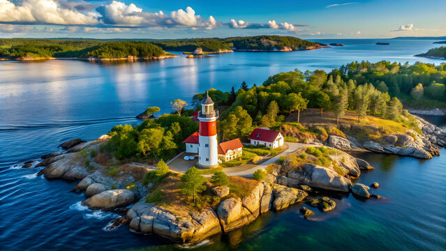Aerial view of the Swedish coast with Landsort lighthouse in the Stockholm archipelago, Sweden