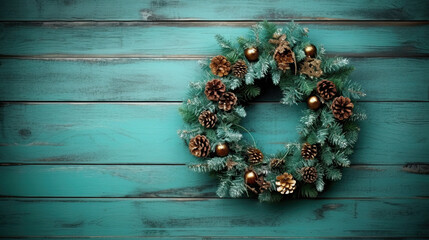 Christmas wreath hanging on a turquoise wooden wall