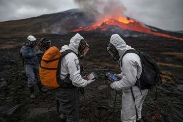 Two scientists in protective suits analyze volcanic activity with mobile devices, surrounded by molten lava and blackened earth, amid an erupting volcano's fiery spectacle.