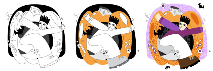 Vector stylized illustration on the theme of a boy with a pumpkin. Flat or doodle illustration on the theme of Halloween.