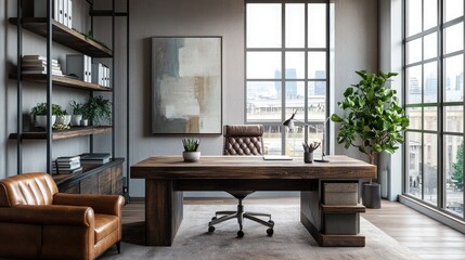 A sophisticated home office with a large rustic wood desk