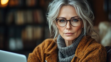 Mature Woman With Gray Hair and Glasses Looking at Camera