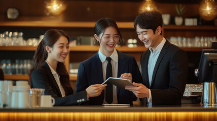 Three young business professionals collaborating at a stylish cafe in Seoul, sharing ideas over a digital tablet in a modern atmosphere