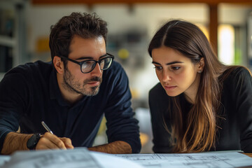 Dynamic duo of architects collaborating on innovative designs in an inspired office environment