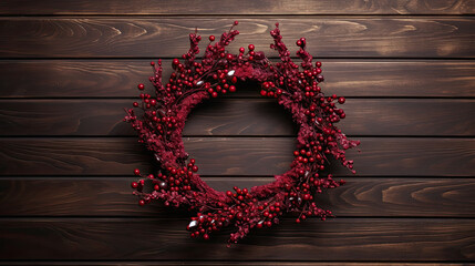 Christmas wreath hanging on a dark maroon wooden wall