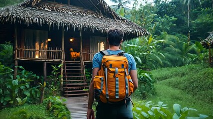 A traveler staying in a traditional bamboo house, immersing in local customs and lifestyle in a serene, natural environment. - Powered by Adobe