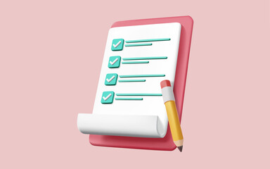 White clipboard checklist with pencil. Planning and organization of work. Survey, Exam form, To do check list, education, note management, Business, Document with check marks. 3d Vector illustration