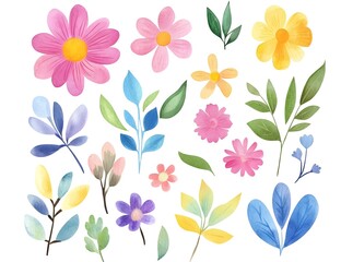 Watercolor flower clipart collection, simple flat design, white background, pastel colors, watercolor 