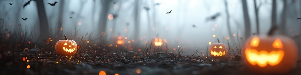 Halloween banner, eerie foggy forest with glowing pumpkin lights, dark ambiance, 3D illustration