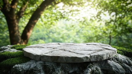 Obraz premium miniature stone podium on textured rock platform surrounded by lush green forest soft sunlight filters through trees creating a mystical atmosphere with blue horizon